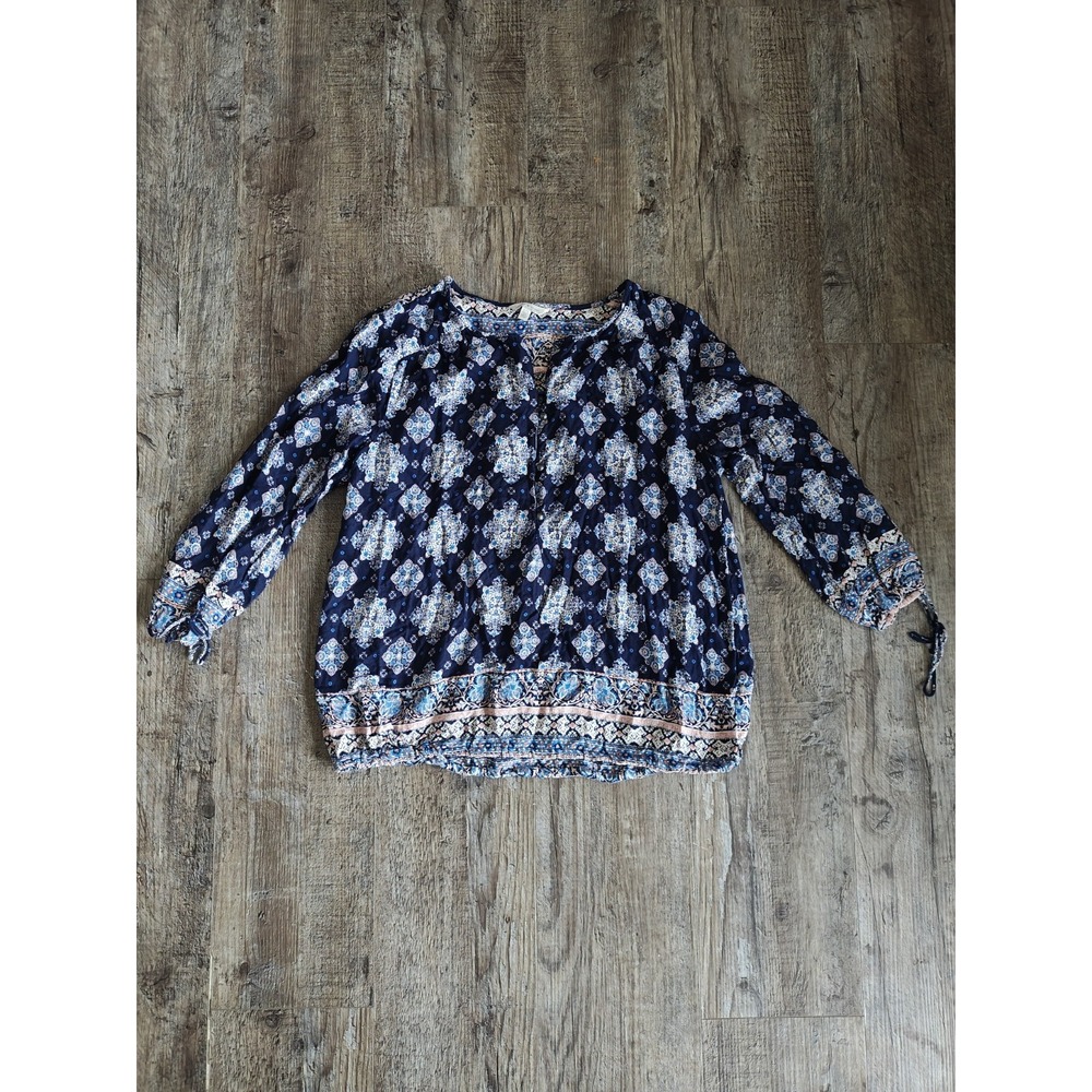 Women's Lucky Brand Blouse Size Large Bohemian Floral 3/4 Sleeves V Neck Blue